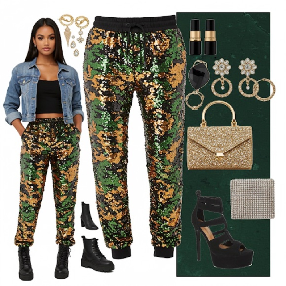 Camo Sequin Jogger Pants - Green, black and Gold